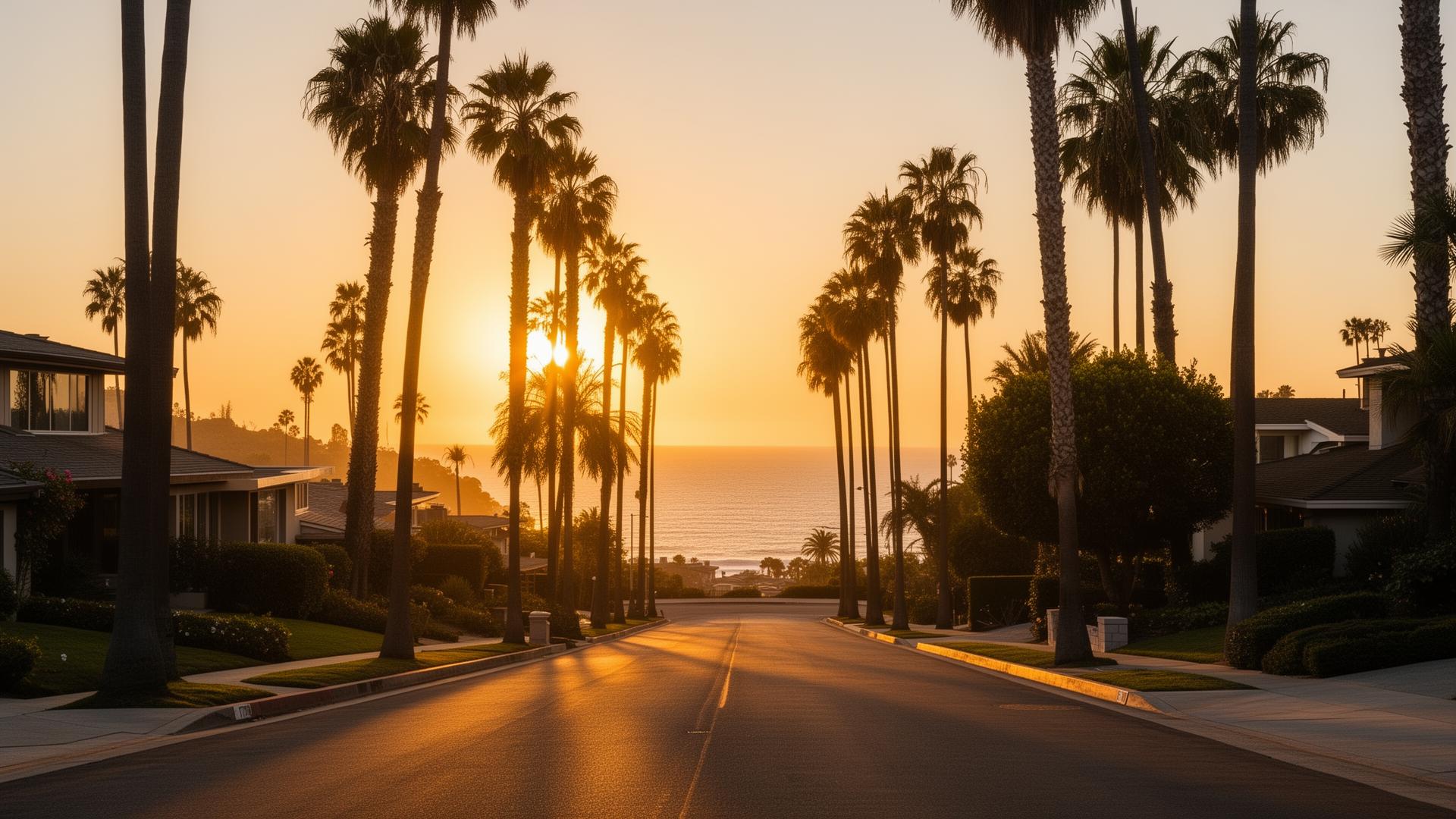 Coastal Orange County neighborhood street at golden hour