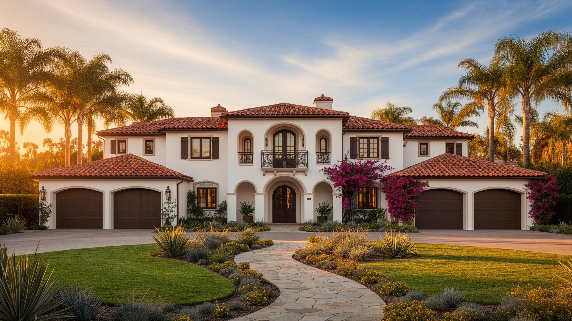 Spanish Mediterranean home in Coastal Orange County at golden hour
